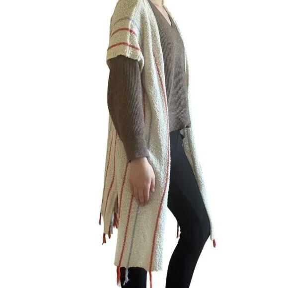 Women's cotton knit ivory stripe fringe boho duster cover up size s/m - Picture 6 of 9